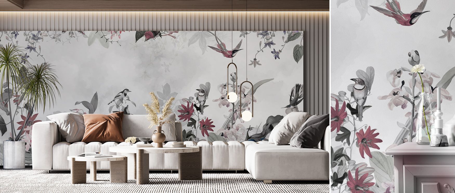 The Paradise View Silver Cool Wallpaper shines gently through muted silver shades, creating atmosphere filled with composure. Its reflective charm enriches bedrooms or living rooms with timeless serenity and luminous artistry.
