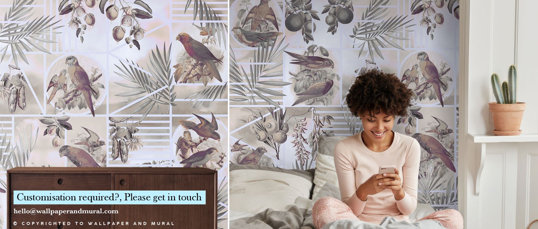 Parrots Study Wallpaper reveals brilliant patterns of plumage as parrots appear in rhythmic balance. Their vibrant colors energize interiors, offering playful spirit for bedrooms or lively dining rooms filled with warmth.