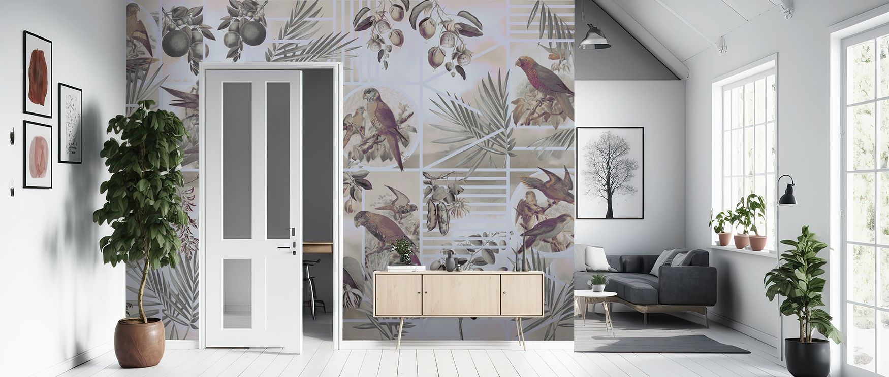 Across Parrots Study Wallpaper, parrots emerge with detail and grace, each figure adding exotic strength. This design turns walls into celebrations of tropical charm, suitable for bedrooms or decorative dining rooms.