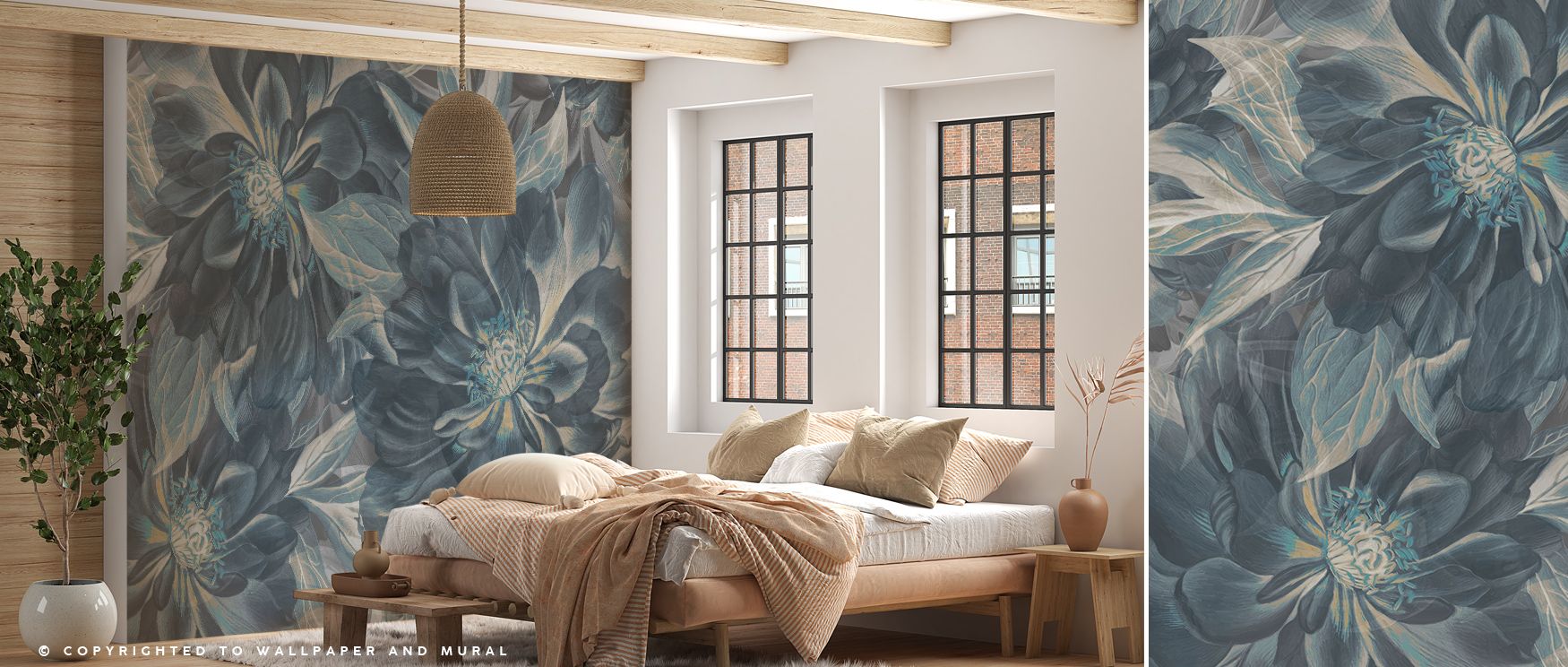The Peony Study – Midnight Teal Wallpaper thrives on layered contrasts where blossoms appear luminous against depth of teal. Interiors are enriched with sophistication, turning bedrooms or dining rooms into poetic retreats where floral elegance inspires c