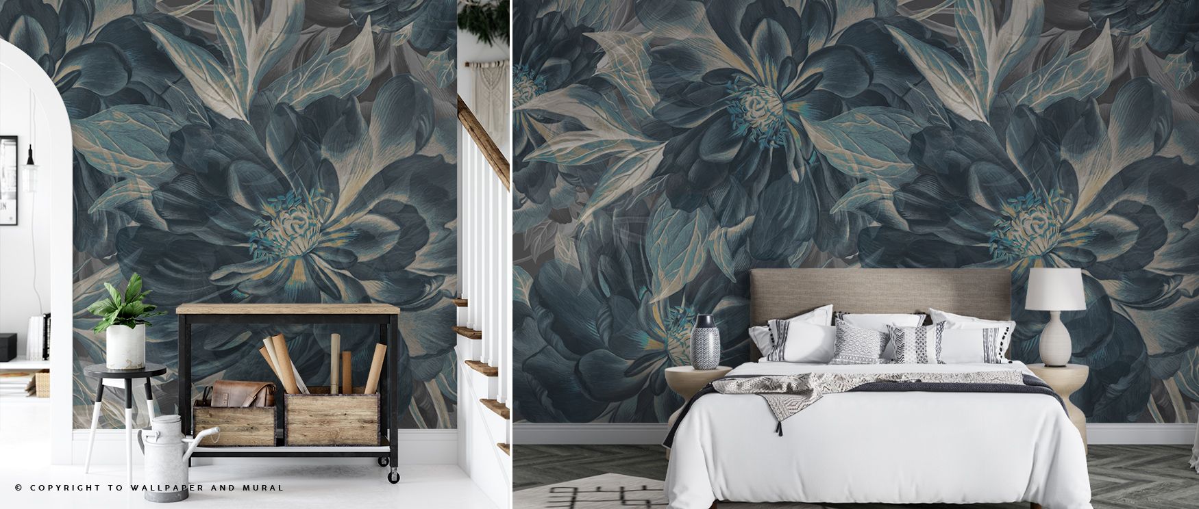 The blossoms within Peony Study – Midnight Teal Wallpaper radiate artistry as they stand luminous against teal. Interiors are enriched with balance and rhythm, transforming bedrooms or living rooms into calm sanctuaries, filled with atmosphere that blends