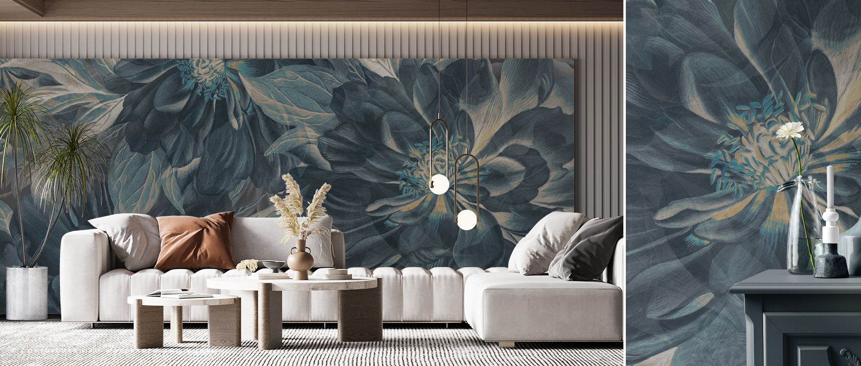 The Peony Study – Midnight Teal Wallpaper enhances interiors with calm rhythm, where blossoms glow softly against dark tones. Its presence enriches walls with refined beauty, transforming bedrooms or dining rooms into sanctuaries of floral serenity, fille