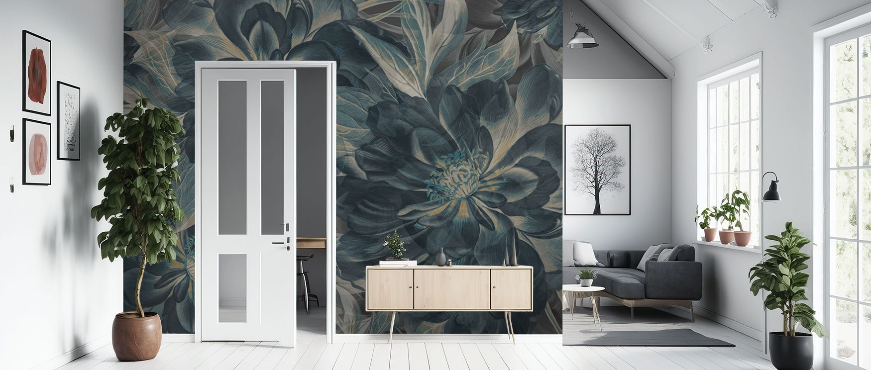 Across Peony Study – Midnight Teal Wallpaper, blossoms repeat in rhythmic harmony, creating atmosphere of calm elegance. The floral design enriches bedrooms or lounges with poetic artistry, offering spaces filled with timeless charm, delicate composure, a