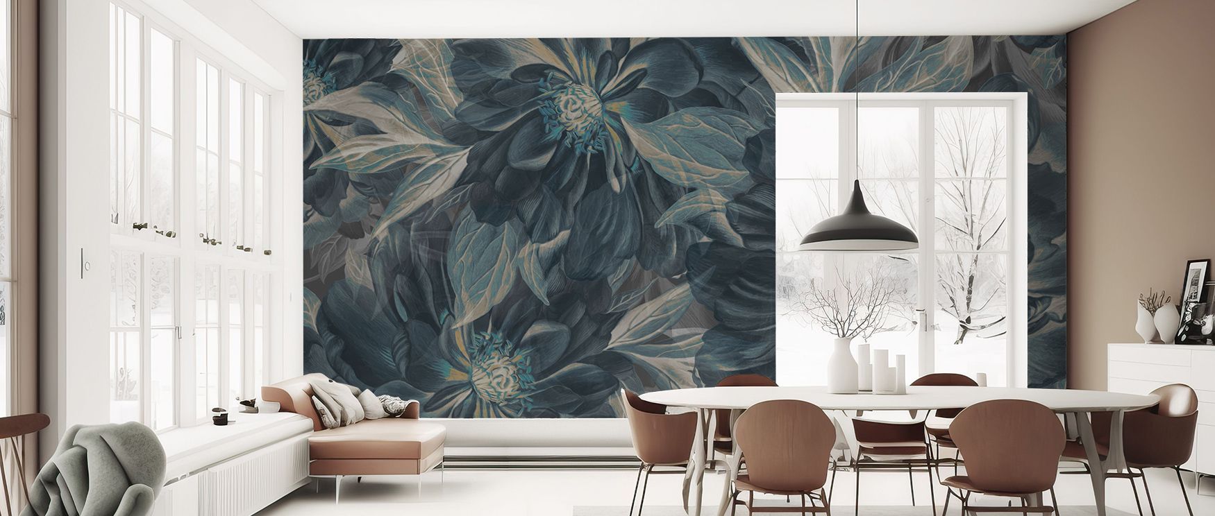 The Peony Study – Midnight Teal Wallpaper presents floral rhythm across surfaces, with blossoms luminous against teal tones. Its design enriches interiors with atmosphere of calm beauty, turning bedrooms or lounges into sanctuaries filled with composure, 