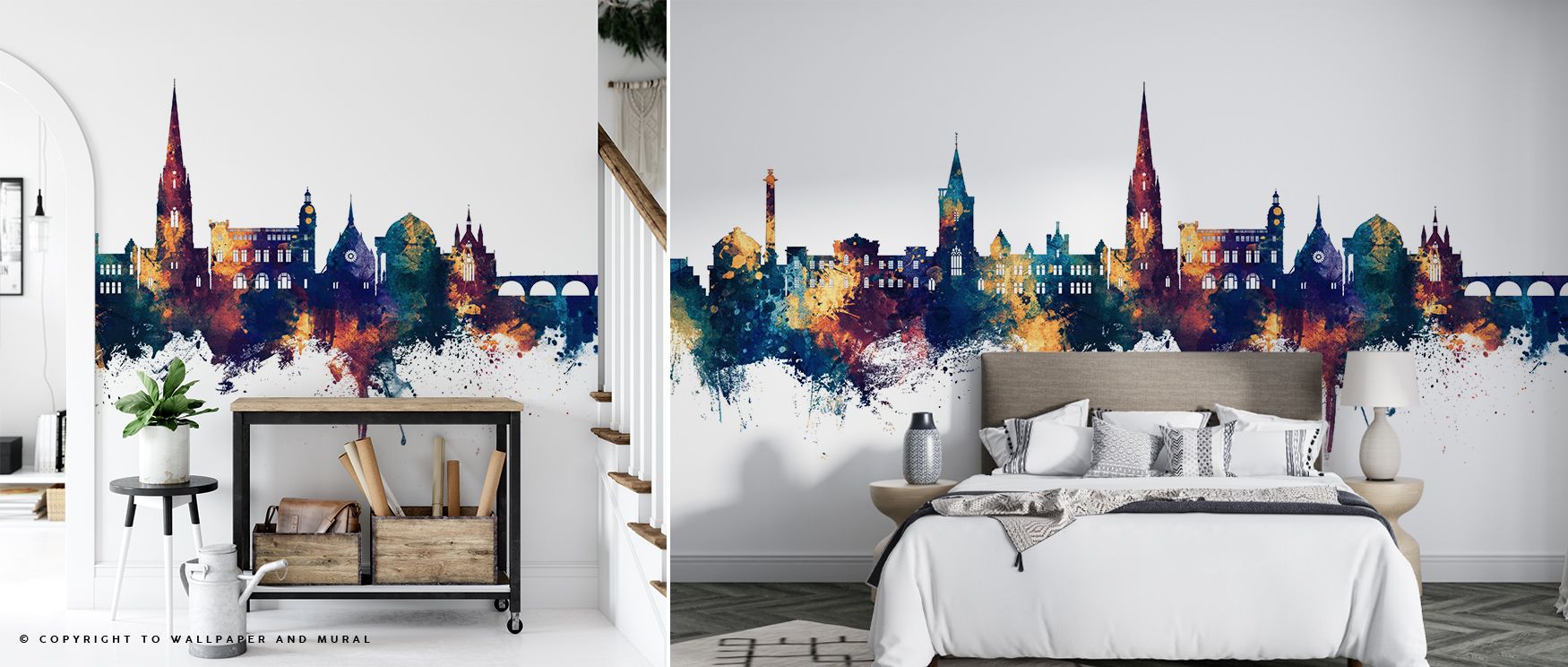Luminous tones define Perth Scotland Skyline Blue & Bronze Wallpaper, where buildings stretch across radiant depth. The imagery enhances interiors with composure, enriching bedrooms or lounges with elegance. Each wall transforms into sanctuary of cultural