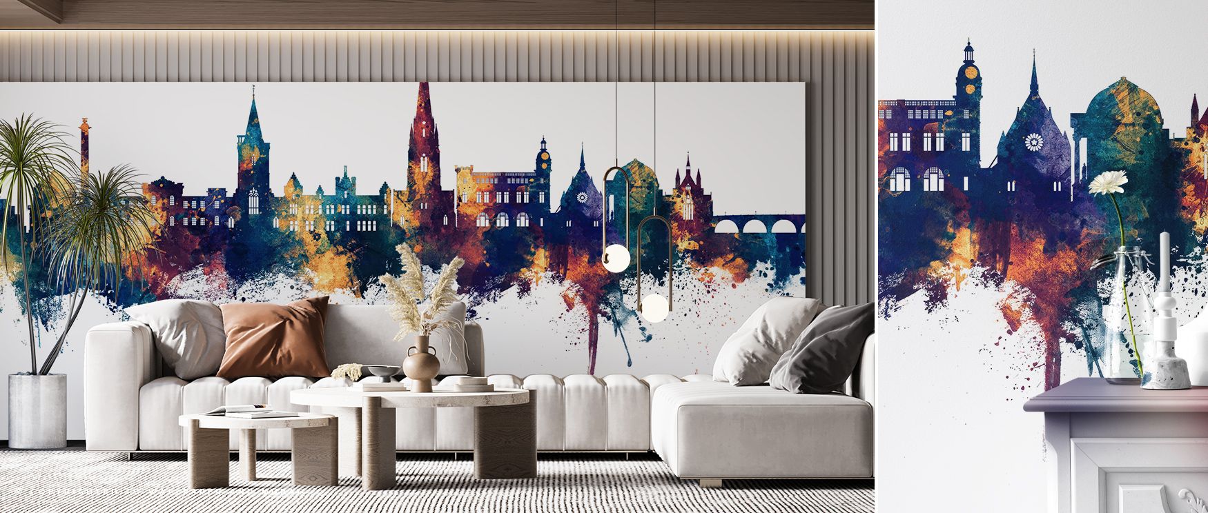 Perth Scotland Skyline Blue & Bronze Wallpaper radiates sophistication through luminous balance, where architecture glows against bronze and blue. Its imagery enriches interiors with cultural pride, enhancing bedrooms or living rooms with atmosphere of he