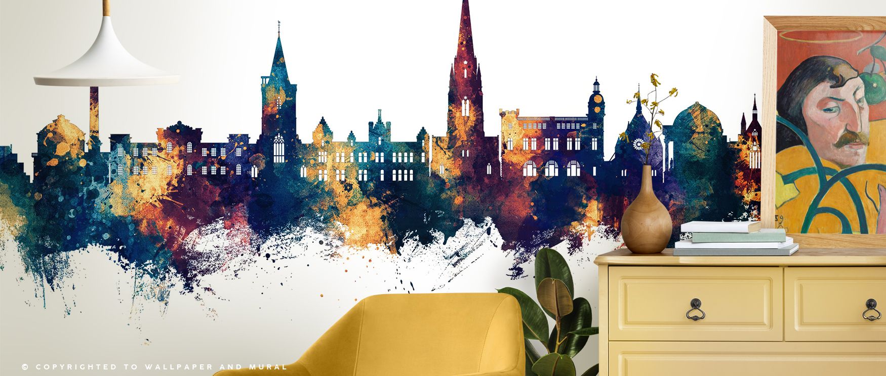 Perth Scotland Skyline Blue & Bronze Wallpaper reveals luminous elegance as city silhouettes stand radiant across surfaces. The imagery enhances bedrooms or dining rooms with balance and sophistication, filling interiors with cultural resonance and herita