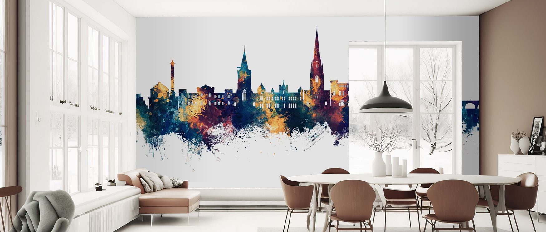 The Perth Scotland Skyline Blue & Bronze Wallpaper thrives on interplay of bronze and blue hues where architecture shines in clarity. Its imagery enriches interiors with elegance, turning bedrooms or lounges into sanctuaries filled with sophistication, ar