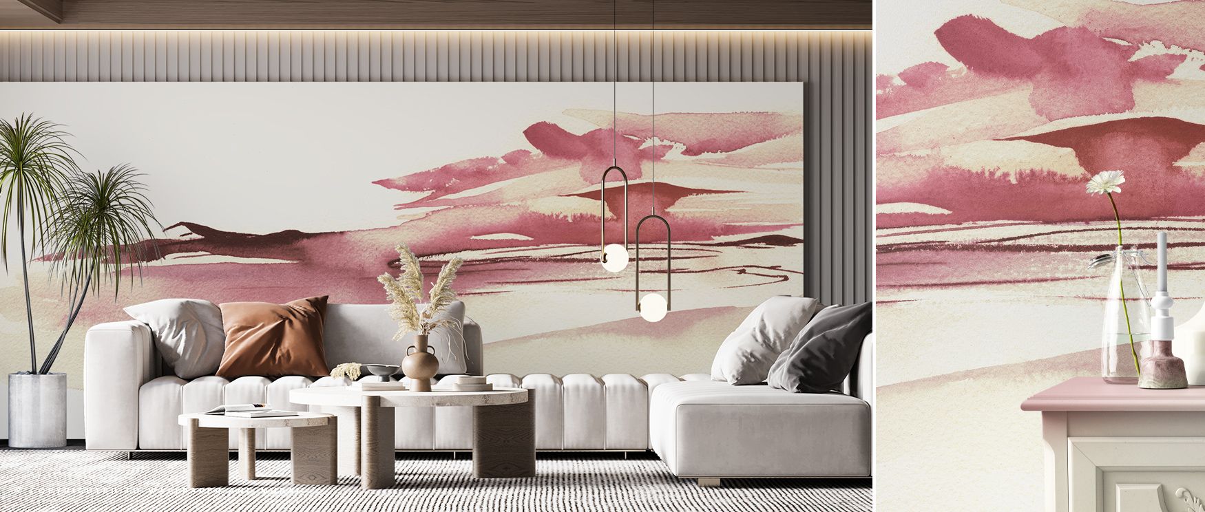 Pink Sunset Wallpaper celebrates balance as warm and cool hues blend in soft transitions. Its imagery enriches interiors with reflective calm, offering bedrooms or dining rooms atmosphere of poetic serenity. The design creates luminous harmony, filling sp