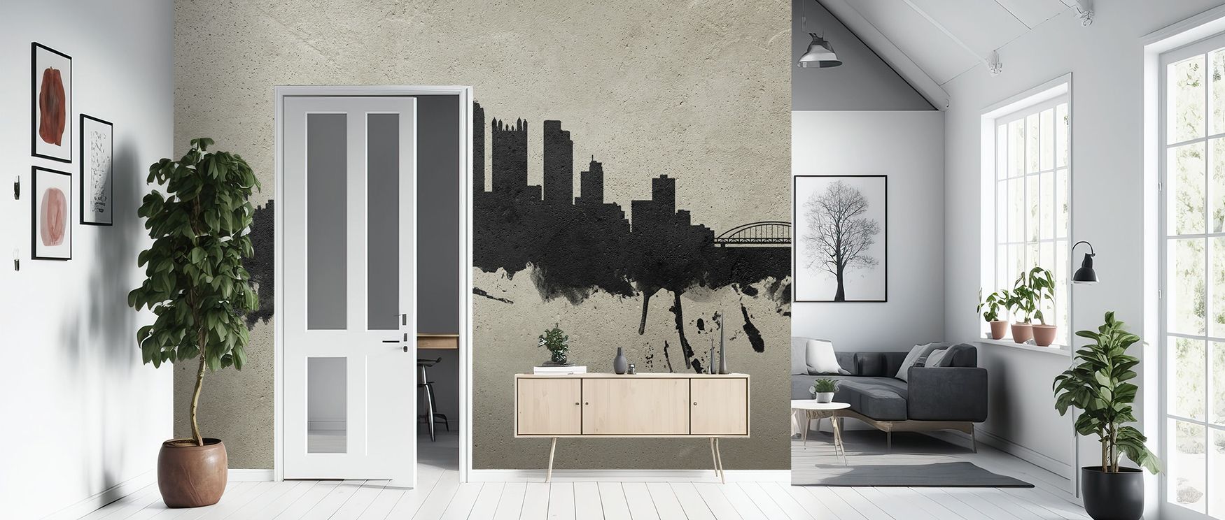 Across Pittsburgh Pennsylvania Skyline Concrete Wallpaper, towers and rooftops stretch proudly in urban rhythm. The imagery enhances interiors with sophistication, offering bedrooms or lounges atmosphere of cultural pride. Each wall becomes statement of h