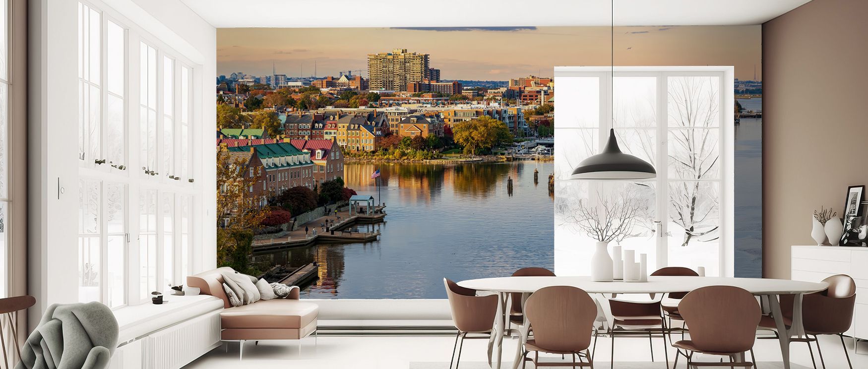 The imagery of Potomac Views Wallpaper radiates elegance as waters shimmer beneath expansive horizons. Interiors glow with calmness, their walls transformed into reflective retreats. Bedrooms or lounges resonate with atmosphere of serenity, filled with co