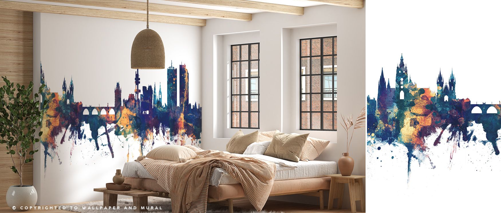 Prague Skyline Blue & Bronze Wallpaper thrives on luminous depth where architecture rises in rhythmic harmony. Its imagery enriches interiors with elegance, filling bedrooms or dining rooms with cultural sophistication. Surfaces glow with artistry, offeri