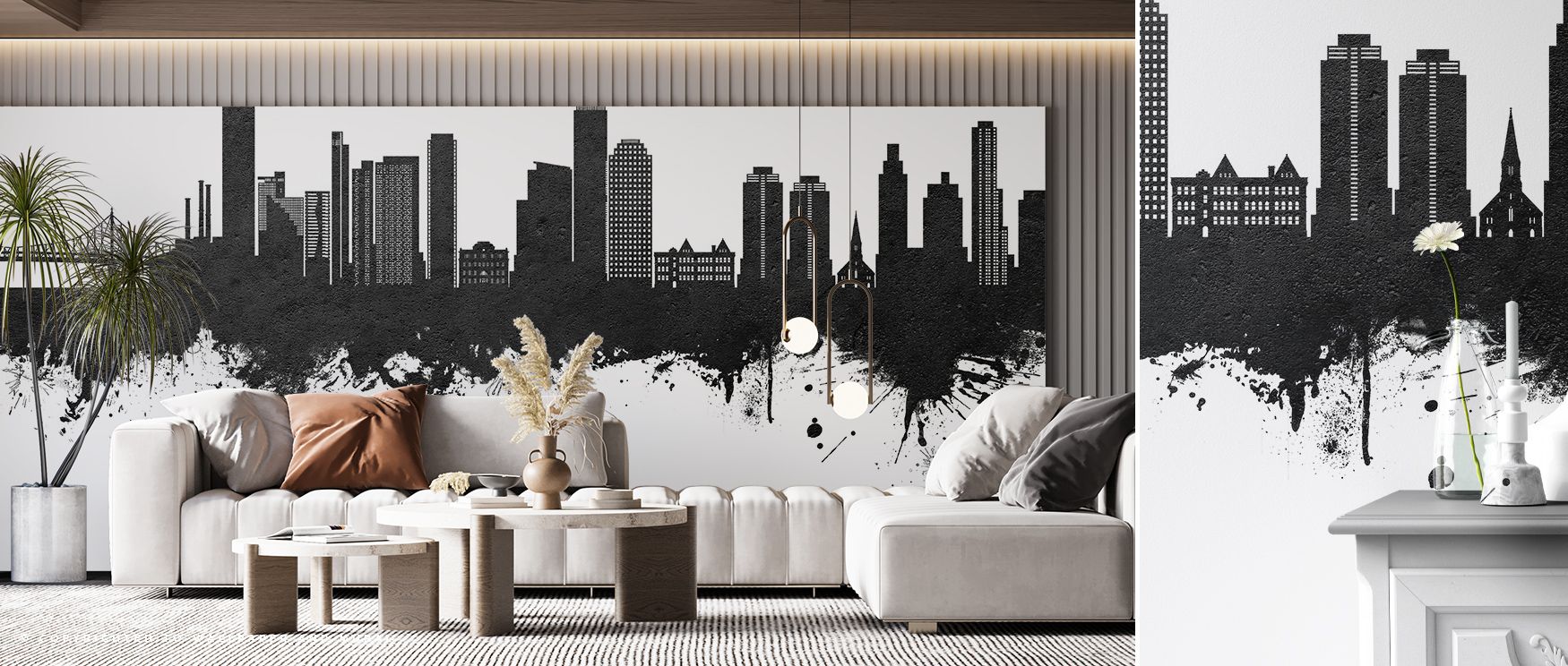 Queens New York Skyline Black & White Wallpaper reflects metropolitan presence through bold silhouettes rendered in tonal harmony. Interiors glow with sophistication, filling bedrooms or living rooms with cultural rhythm. Surfaces glow with artistry, crea