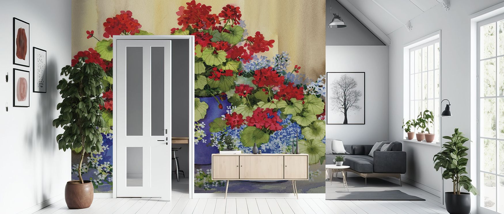 Across Red Geraniums Wallpaper, blossoms radiate strength as petals stretch across imagery. The design enriches interiors with floral artistry, filling bedrooms or lounges with vibrancy. Walls glow with elegance, shaping sanctuaries enriched by charm wher