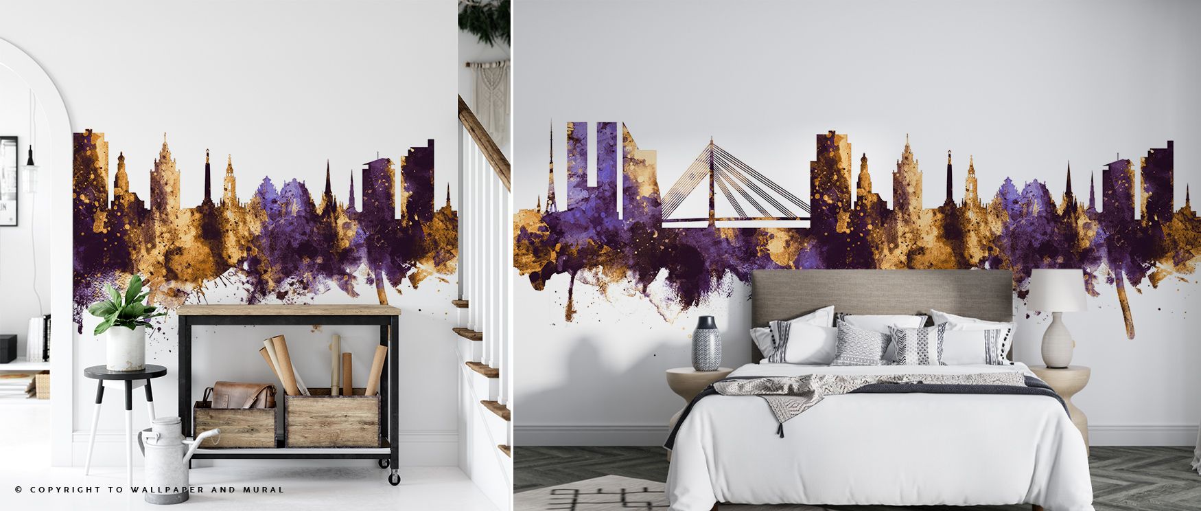 Riga Latvia Skyline Purple & Gold Wallpaper reflects refinement where architecture rises luminous against tonal balance. The design enriches interiors with resonance, filling bedrooms or lounges with cultural sophistication. Surfaces glow with artistry, s