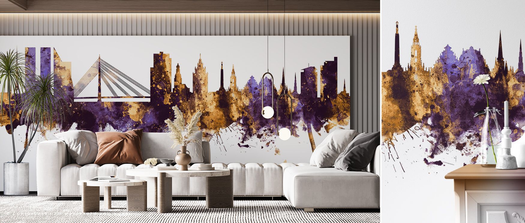 Riga Latvia Skyline Purple & Gold Wallpaper embodies elegance through rooftops rendered in purple and gold. Interiors glow with sophistication, filling bedrooms or living rooms with composure. Walls glow with artistry, shaping poetic retreats enriched by 