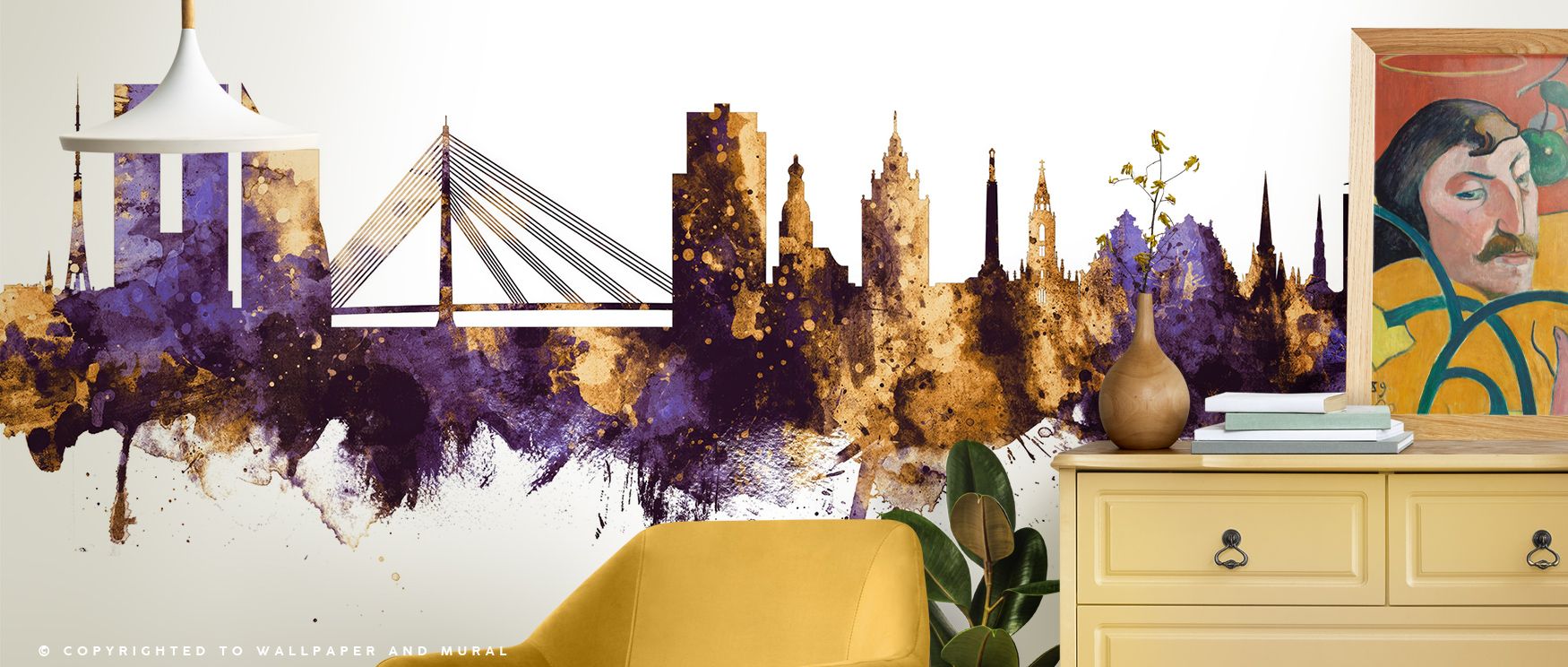 Riga Latvia Skyline Purple & Gold Wallpaper radiates metropolitan pride where luminous tones expand across silhouettes. Its design enriches interiors with sophistication, filling bedrooms or dining rooms with resonance. Walls glow with artistry, shaping p