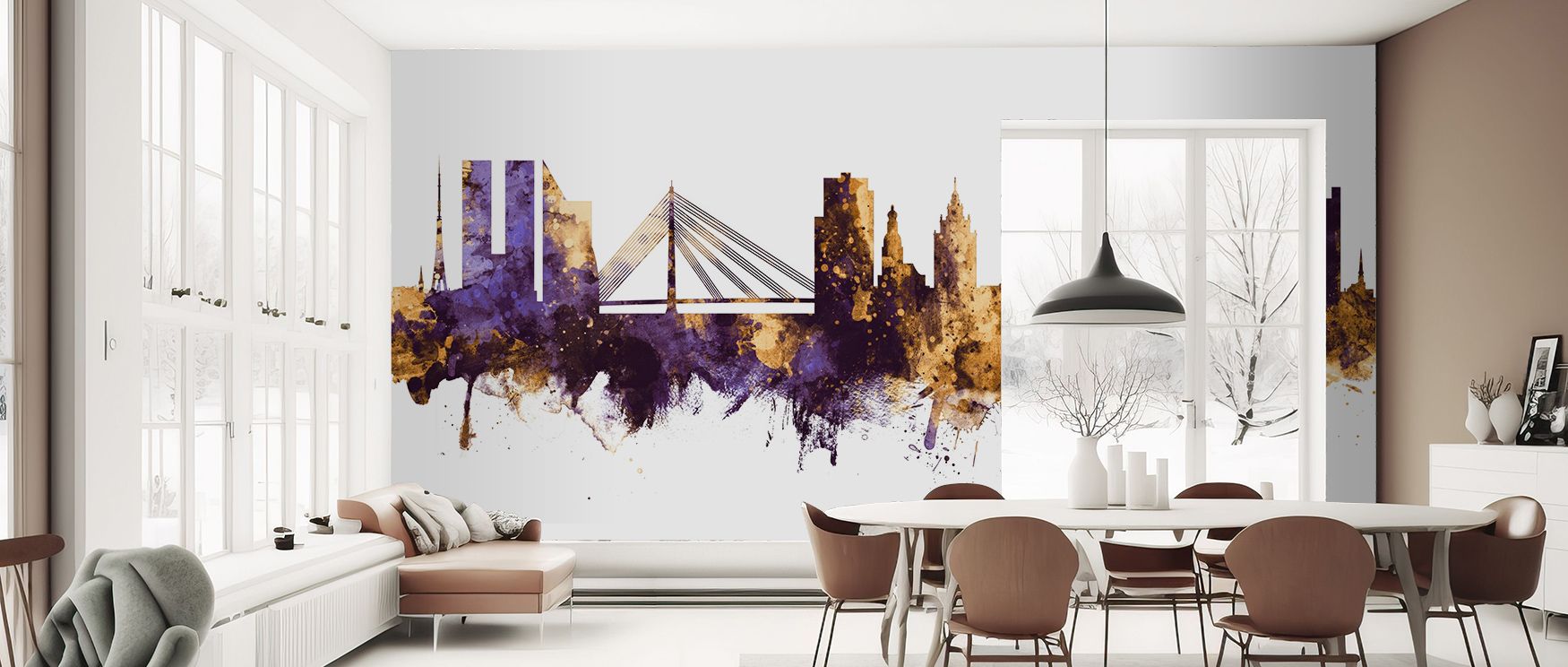 The imagery of Riga Latvia Skyline Purple & Gold Wallpaper thrives on luminous harmony where rooftops glow in radiant rhythm. Interiors glow with composure, enriching bedrooms or living rooms with cultural resonance. Surfaces glow with artistry, shaping r
