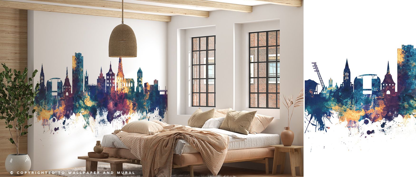 Rostock Germany Skyline Blue & Bronze Wallpaper thrives on luminous harmony where silhouettes stretch across radiant imagery. The design enriches interiors with refinement, filling bedrooms or dining rooms with composure. Surfaces glow with artistry, shap