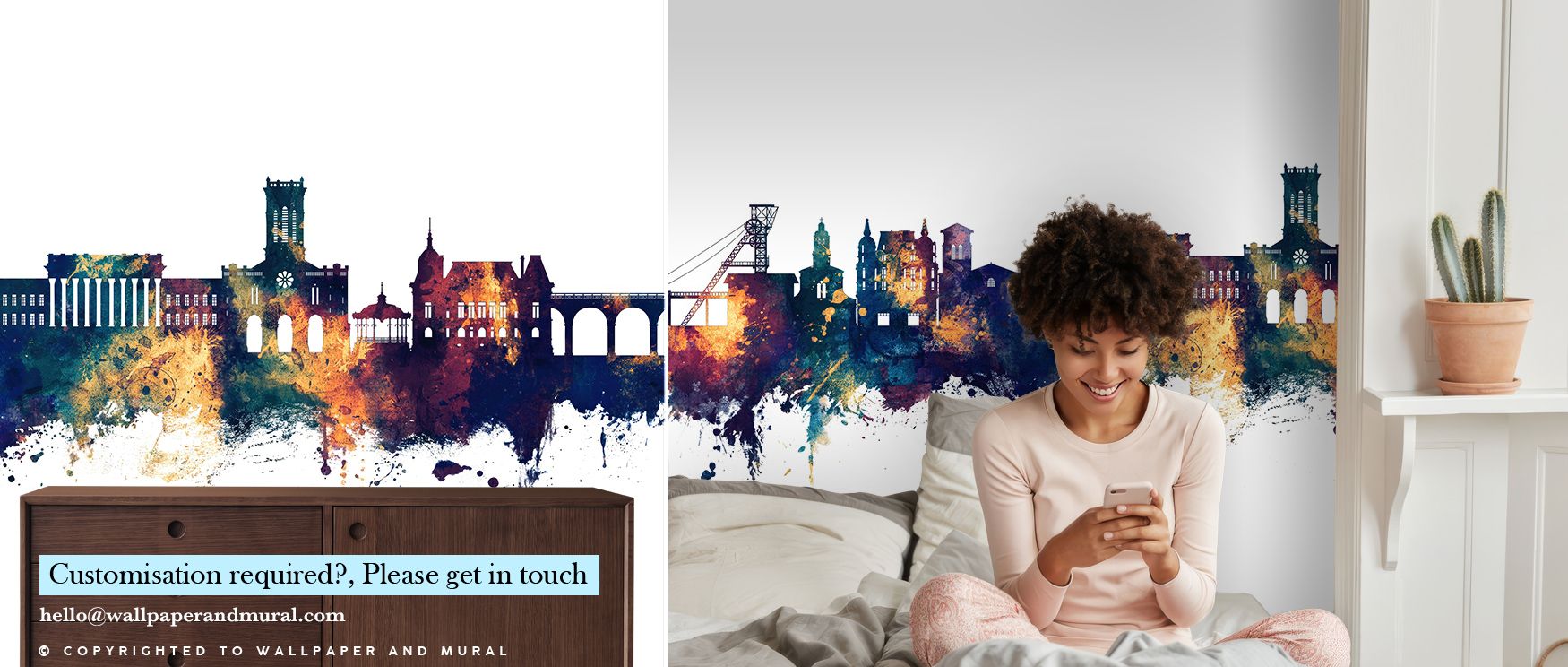 The skyline in Saint-Étienne France Skyline Blue & Bronze Wallpaper glows with striking clarity, rooftops outlined in bronze against layered blue. Interiors thrive with refinement, transforming bedrooms or living rooms into sanctuaries of composure. Walls