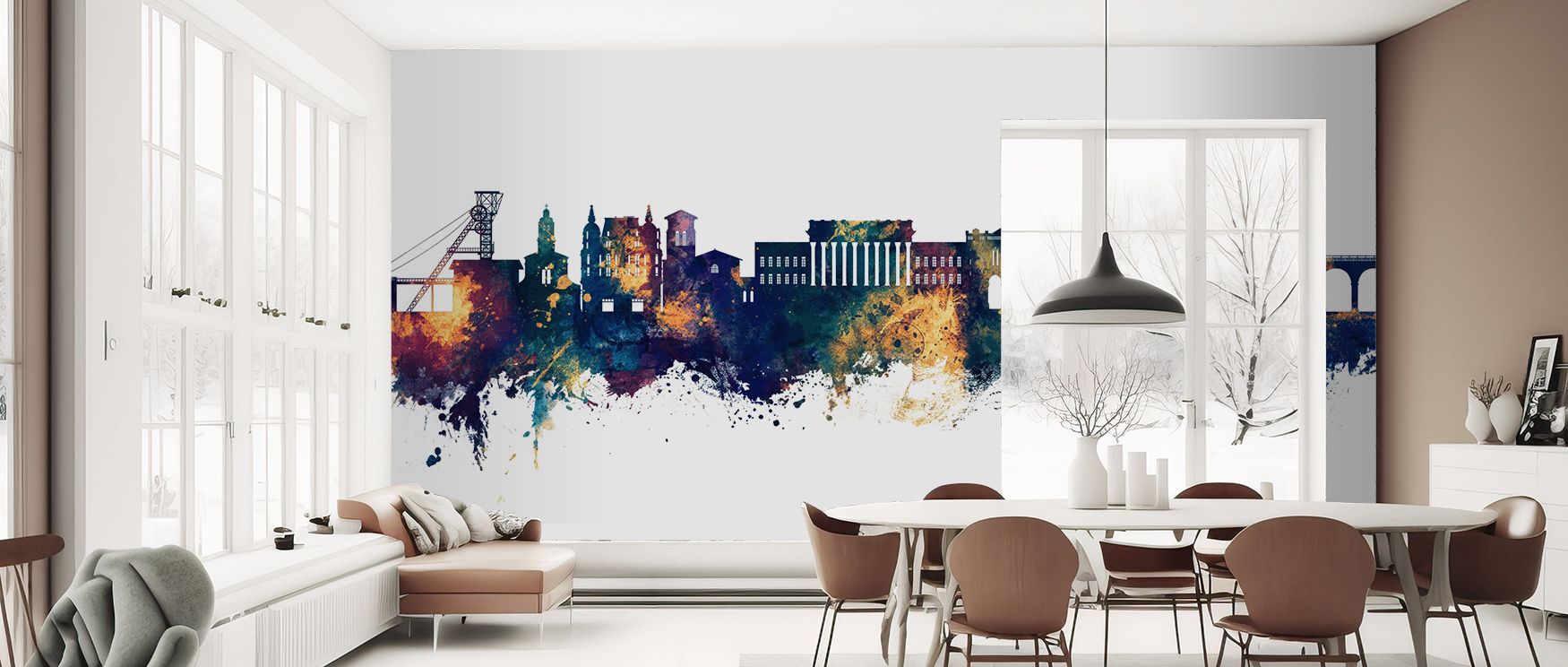 Saint-Étienne France Skyline Blue & Bronze Wallpaper glows with tonal richness, rooftops shining against softened skies. Interiors thrive in sophistication, enriching bedrooms or living rooms with balance. Surfaces reflect artistry, creating poetic retrea