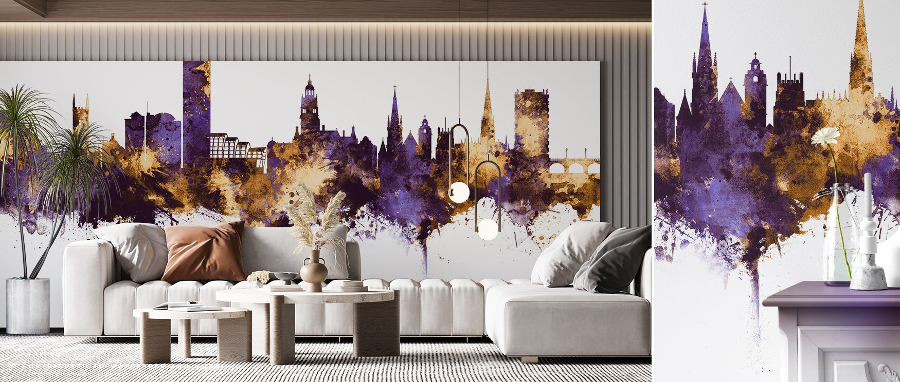 Sheffield England Skyline Purple & Gold Wallpaper embodies elegance where rooftops glow luminous across tonal horizons. Its design enriches bedrooms or living rooms with resonance. Surfaces glow with artistry, shaping retreats enriched by composure where 