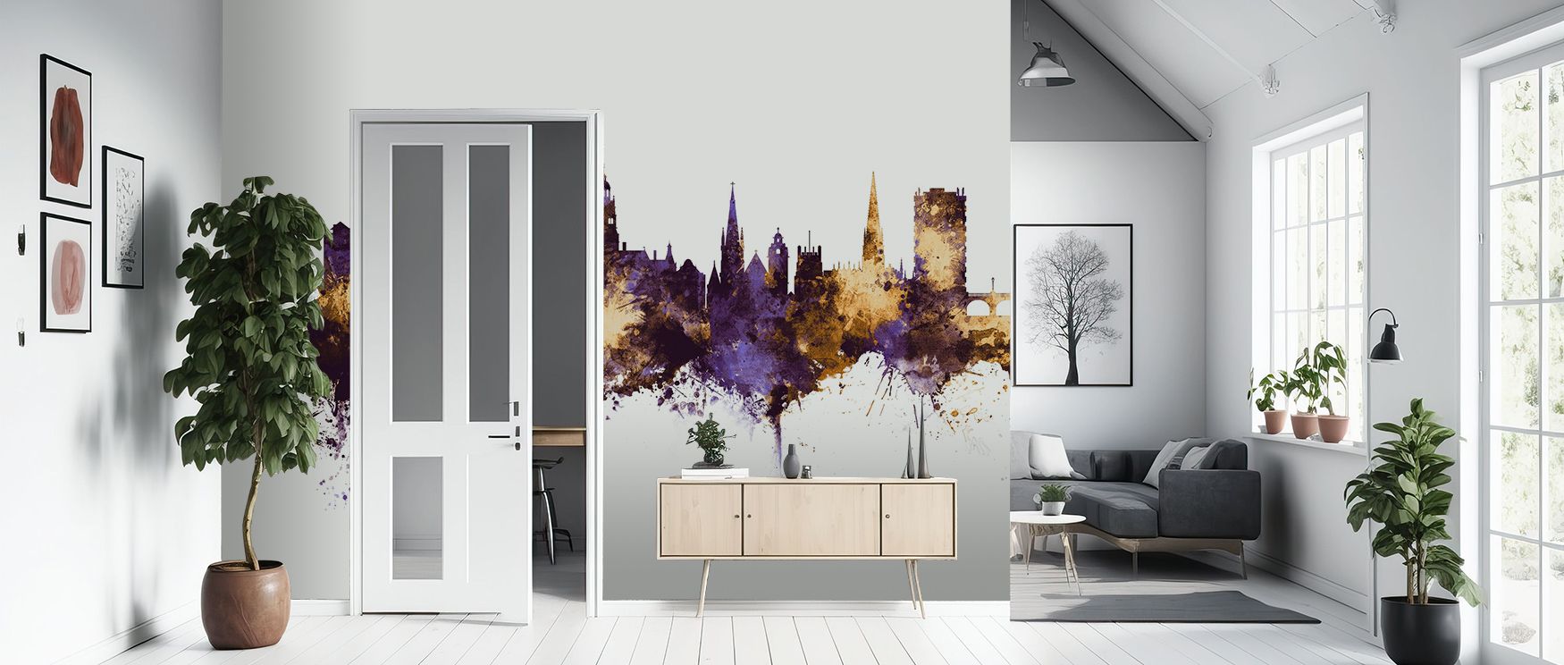 Across Sheffield England Skyline Purple & Gold Wallpaper, rooftops radiate tonal strength softened by luminous harmony. Interiors glow with refinement, enriching lounges with resonance. Walls glow with artistry, shaping sanctuaries enriched by sophisticat