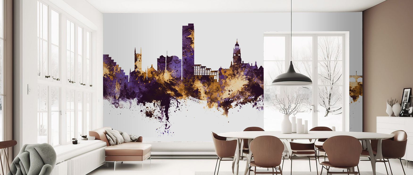 The imagery of Sheffield England Skyline Purple & Gold Wallpaper radiates refinement where rooftops glow luminous in purple and gold depth. Interiors glow with sophistication, enriching bedrooms or living rooms with resonance. Walls glow with artistry, sh