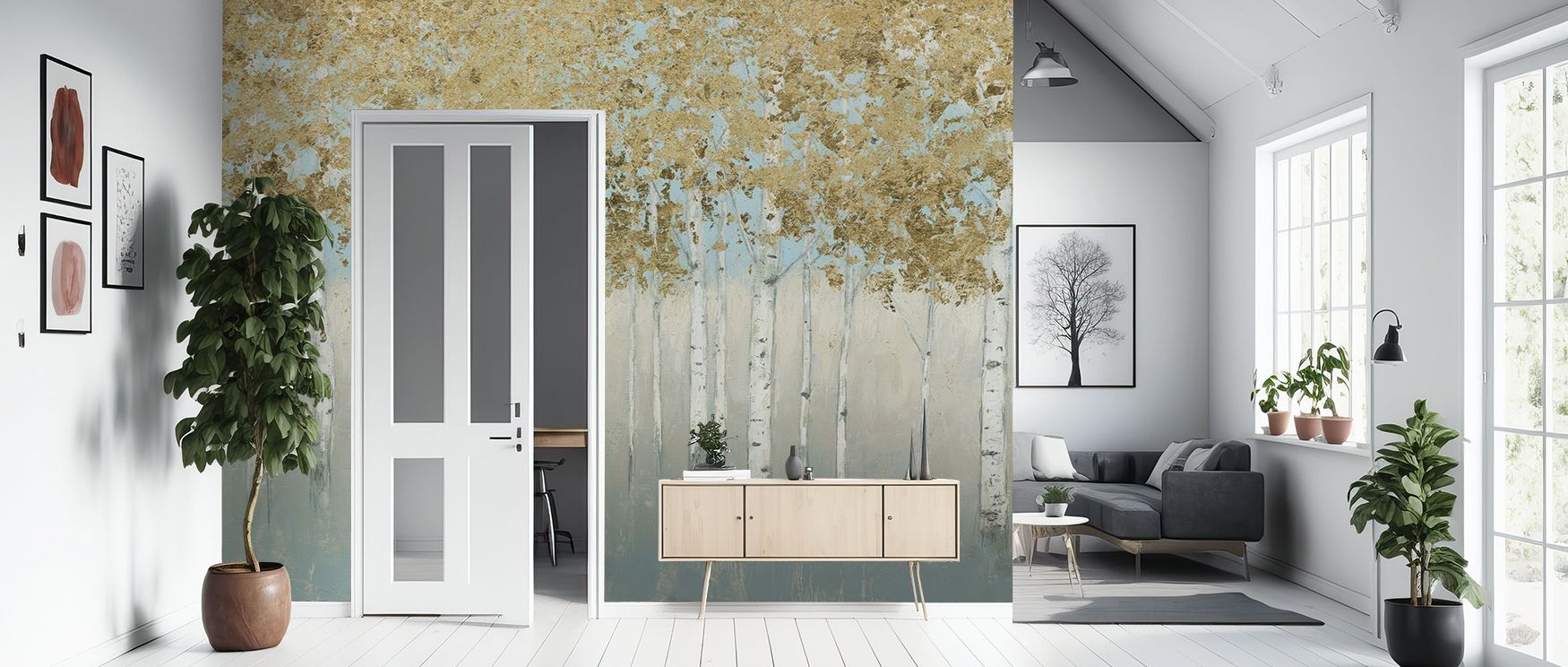 Across Shimmering Forest Wallpaper, shimmering tones illuminate leafy silhouettes in quiet rhythm. Interiors glow with refinement, enriching lounges with composure. Walls glow with artistry, shaping retreats enriched by harmony where woodland presence thr