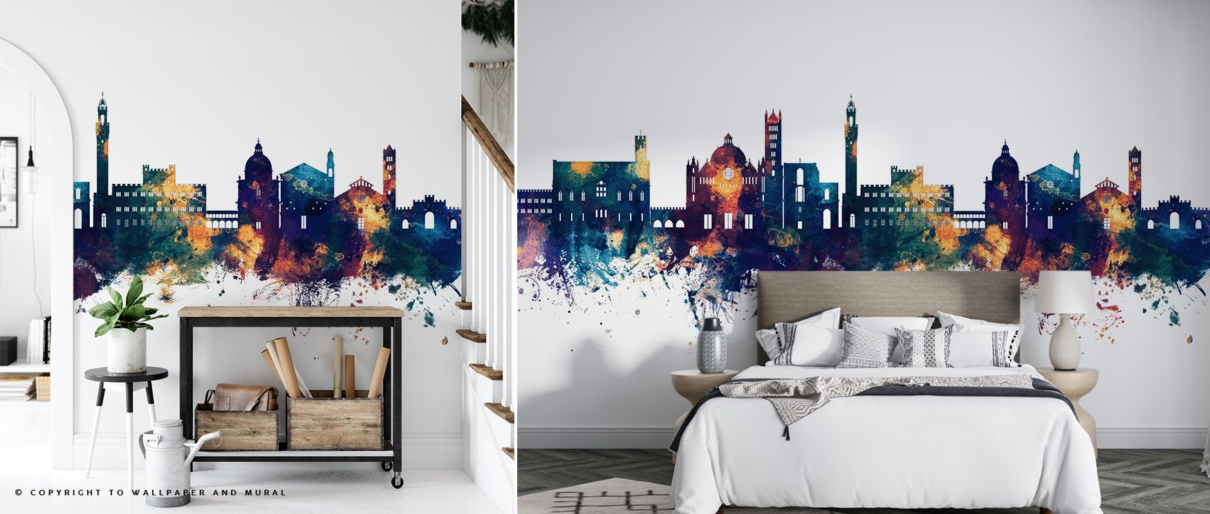 Siena Italy Skyline Blue & Bronze Wallpaper reflects luminous rhythm where rooftops rise glowing against tonal horizons. Its imagery enriches bedrooms or lounges with composure. Surfaces glow with artistry, shaping retreats enriched by cultural pride wher