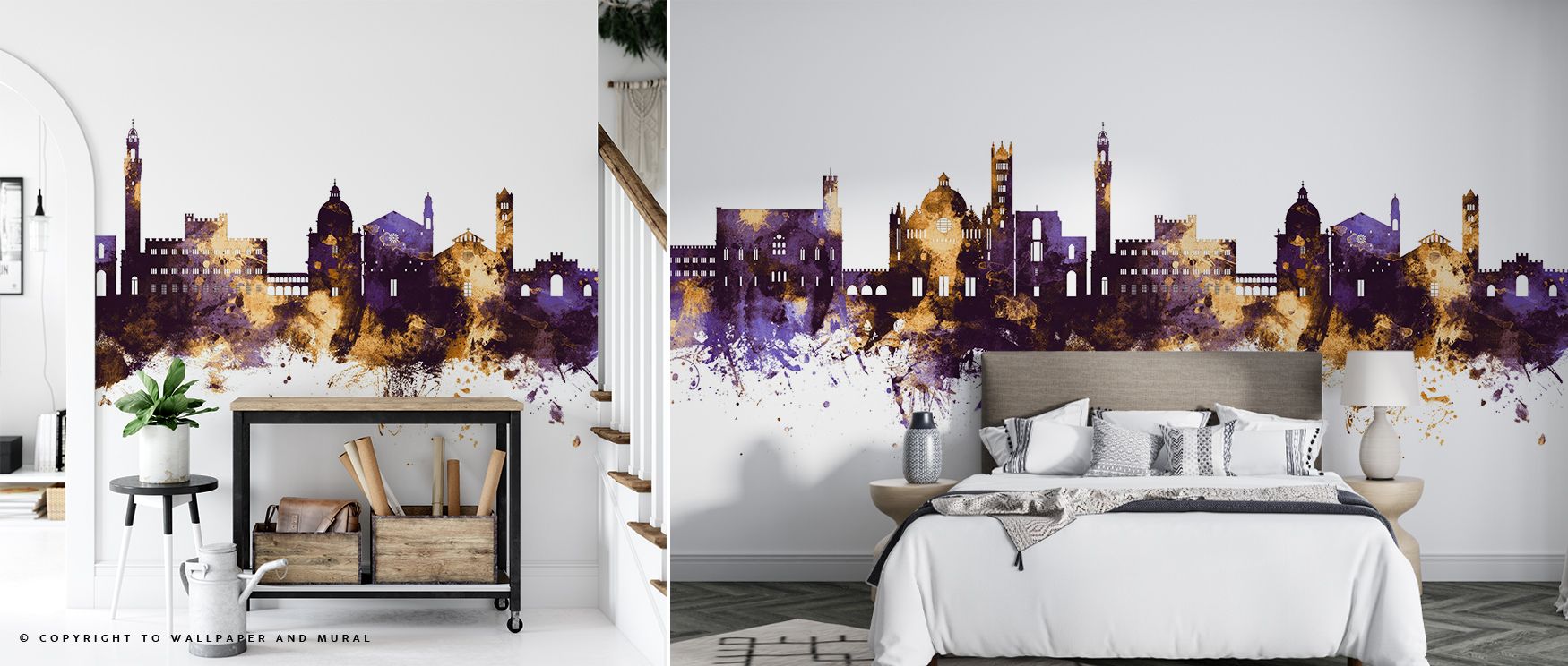 Siena Italy Skyline Purple & Gold Wallpaper reflects luminous resonance where rooftops shimmer across tonal balance. Its imagery enriches bedrooms or lounges with sophistication. Walls glow with artistry, shaping retreats enriched by composure where cultu