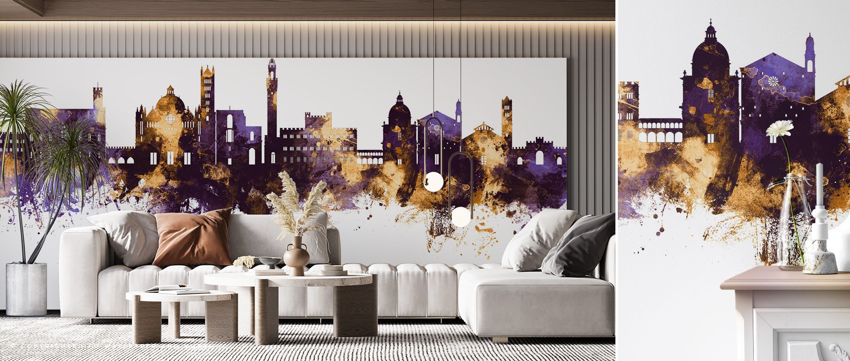 Siena Italy Skyline Purple & Gold Wallpaper embodies refinement where rooftops glow luminous across tonal depth. Its design enriches bedrooms or living rooms with resonance. Walls glow with artistry, shaping retreats enriched by composure where cultural r