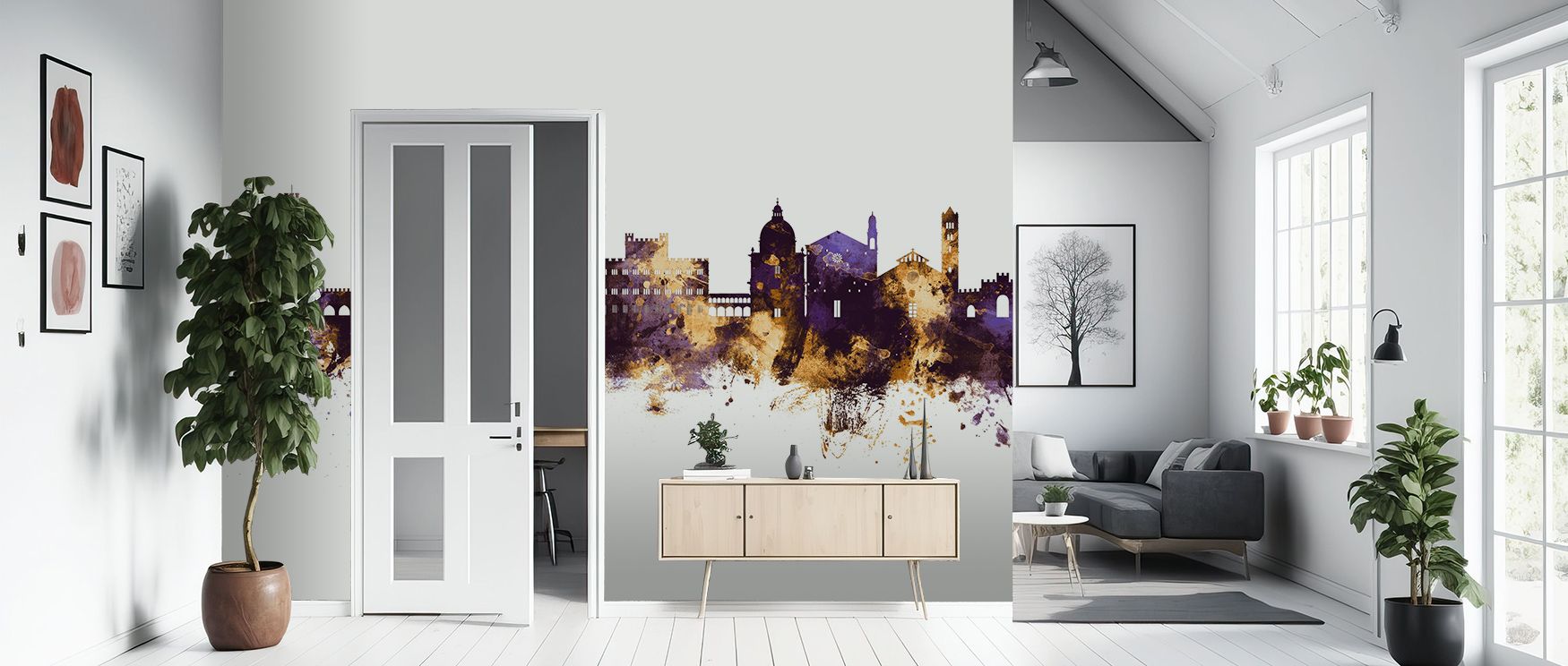 Across Siena Italy Skyline Purple & Gold Wallpaper, rooftops gleam luminous in harmony of purple and gold rhythm. Interiors glow with resonance, enriching lounges with refinement. Walls glow with artistry, shaping poetic retreats enriched by sophisticatio