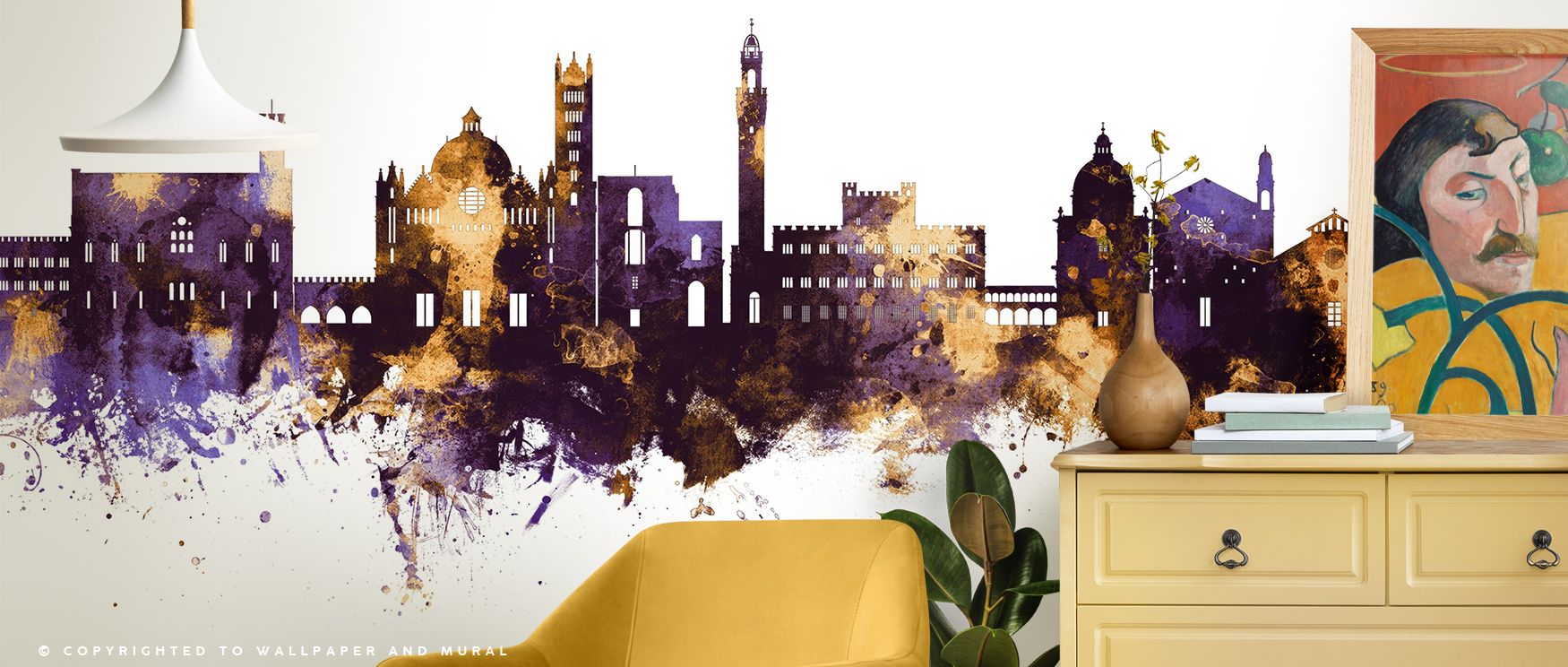Siena Italy Skyline Purple & Gold Wallpaper thrives on tonal harmony where rooftops shimmer luminous in regal tones. Its imagery enriches bedrooms or dining rooms with resonance. Walls glow with artistry, shaping retreats enriched by composure where cultu
