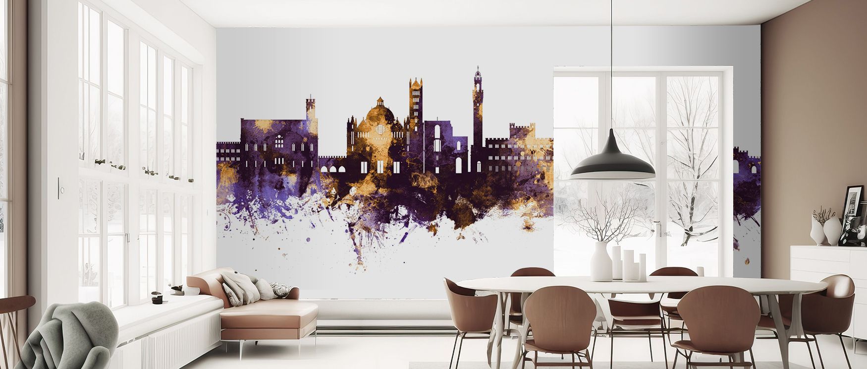 The imagery of Siena Italy Skyline Purple & Gold Wallpaper radiates sophistication where rooftops glow luminous in tonal resonance. Interiors glow with refinement, enriching bedrooms or living rooms with composure. Walls glow with artistry, shaping poetic