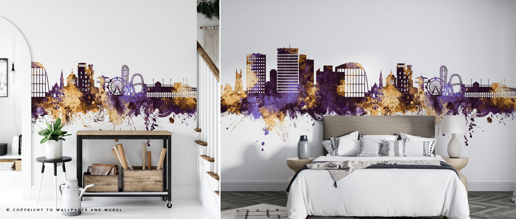 Southend-on-Sea England Skyline Purple & Gold Wallpaper embodies cultural presence where tones shimmer luminous in regal charm. Its imagery enriches bedrooms or lounges with sophistication. Surfaces glow with artistry, shaping poetic retreats enriched by 