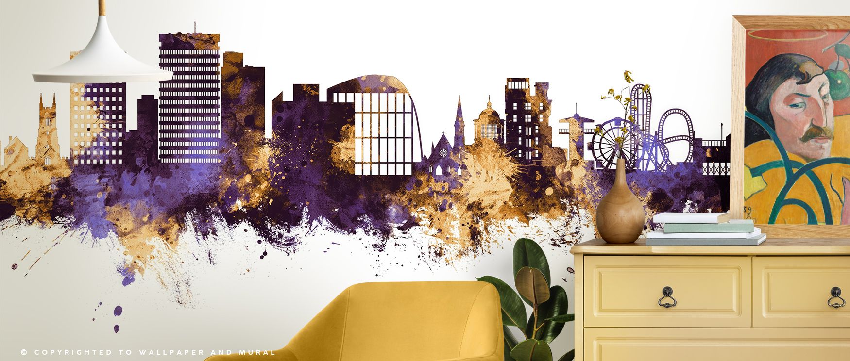 Southend-on-Sea England Skyline Purple & Gold Wallpaper thrives on imagery of refinement where golden rooftops gleam beneath purple depth. Its design enriches bedrooms or dining rooms with elegance. Walls glow with artistry, shaping retreats enriched by r