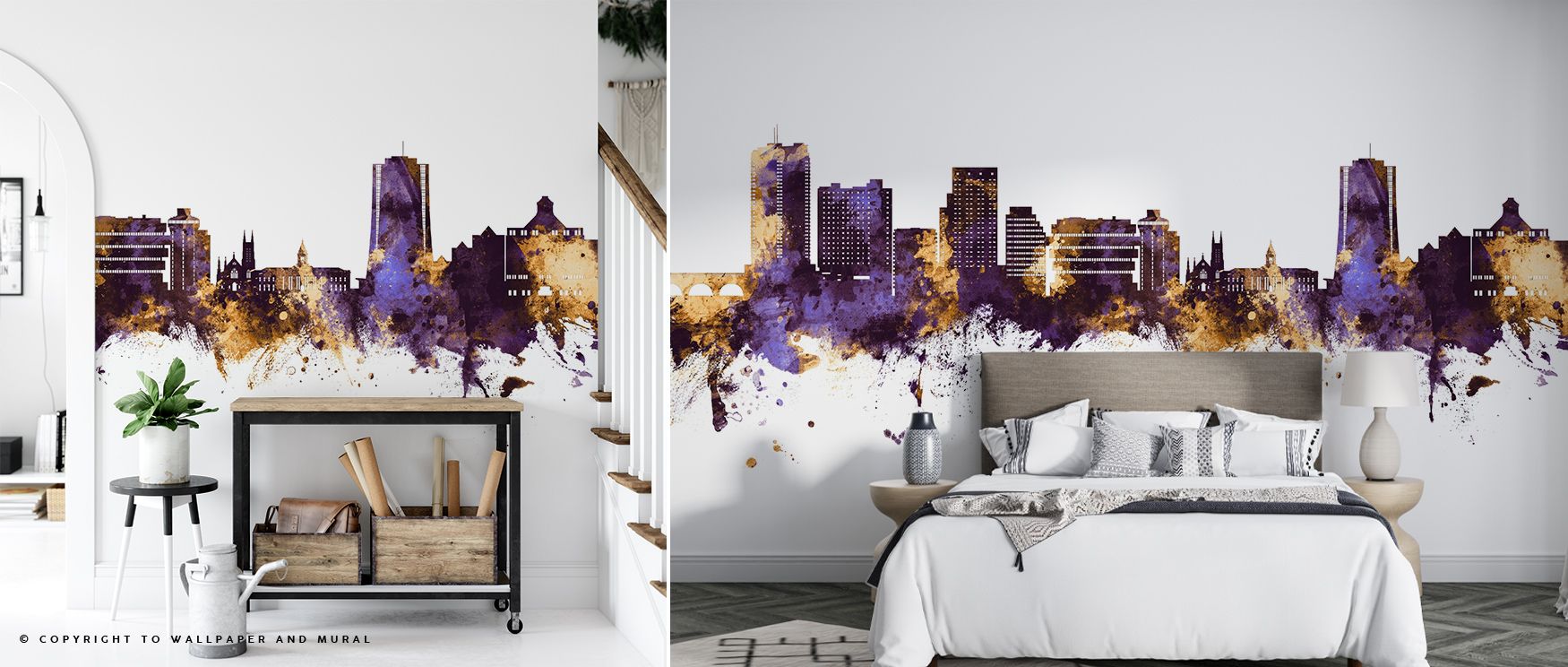 The imagery of Stamford Connecticut Skyline Purple & Gold Wallpaper radiates cultural elegance where rooftops shimmer beneath tonal horizon. Interiors glow with refinement, enriching bedrooms or living rooms with composure. Walls glow with artistry, shapi