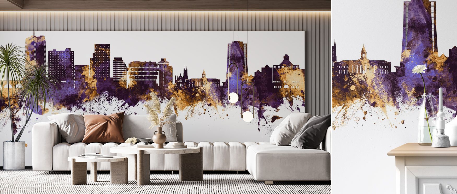 Every contour of Stamford Connecticut Skyline Purple & Gold Wallpaper reflects artistry where architecture glows luminous in tonal poise. Interiors glow with refinement, enriching bedrooms or dining rooms with sophistication. Walls glow with resonance, sh