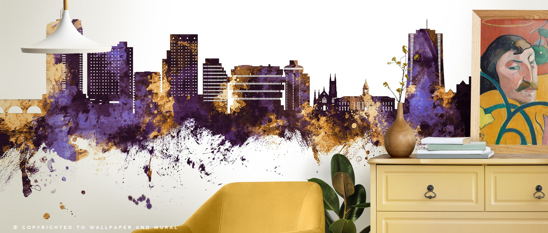 Across Stamford Connecticut Skyline Purple & Gold Wallpaper, tones glow luminous as rooftops shine against horizon depth. Interiors glow with refinement, enriching lounges with sophistication. Walls glow with artistry, shaping poetic retreats enriched by 