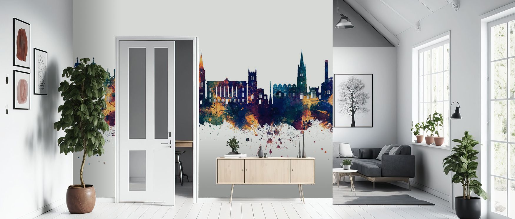 Across Stamford England Skyline Blue & Bronze Wallpaper, rooftops shimmer luminous against deep blue horizon. Interiors glow with refinement, enriching lounges with sophistication. Walls glow with artistry, shaping poetic retreats enriched by resonance wh