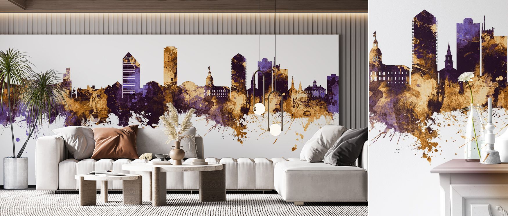 Every contour of Tallahassee Florida Skyline Purple & Gold Wallpaper reflects artistry where architectural forms glow luminous across tonal rhythm. Interiors glow with refinement, enriching bedrooms or dining rooms with elegance. Walls glow with resonance