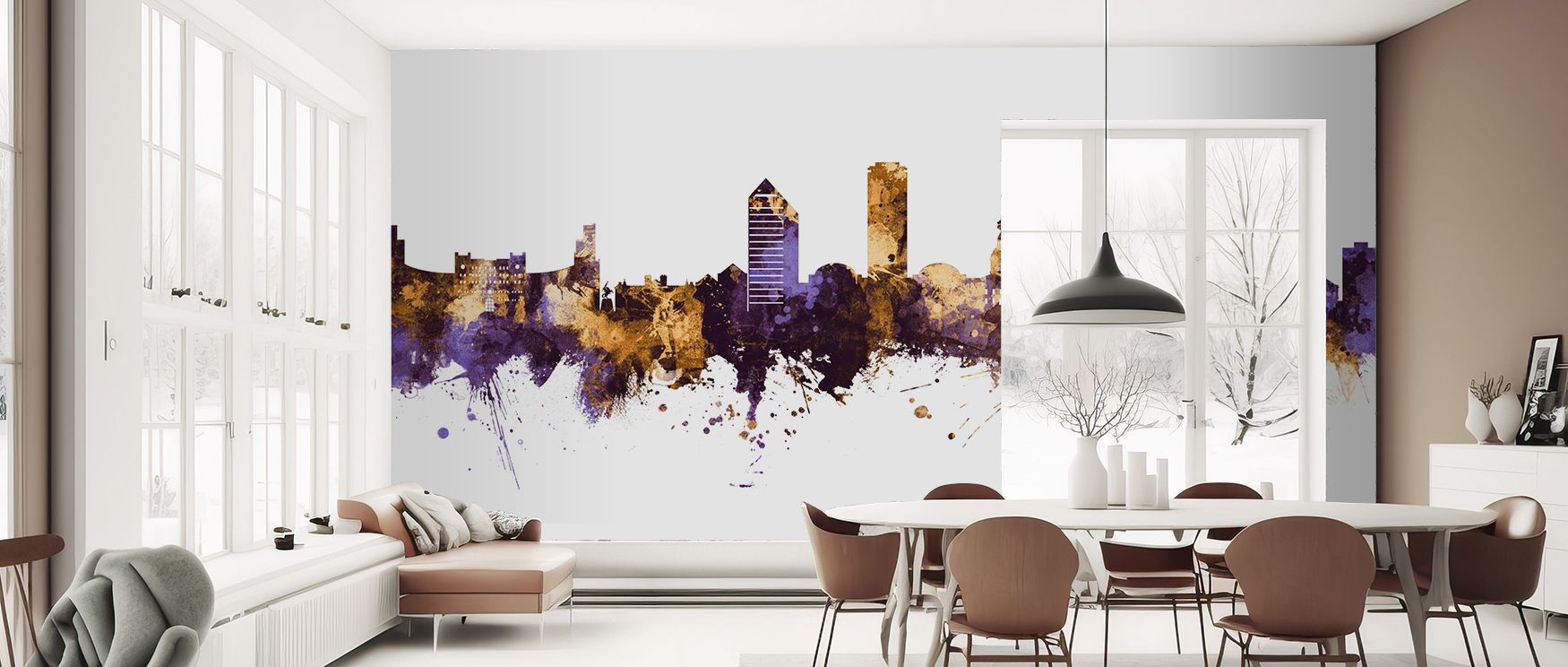 Tallahassee Florida Skyline Purple & Gold Wallpaper thrives on imagery of refinement where rooftops shimmer luminous across tonal harmony. Its design enriches bedrooms or dining rooms with elegance. Walls glow with artistry, shaping retreats enriched by r