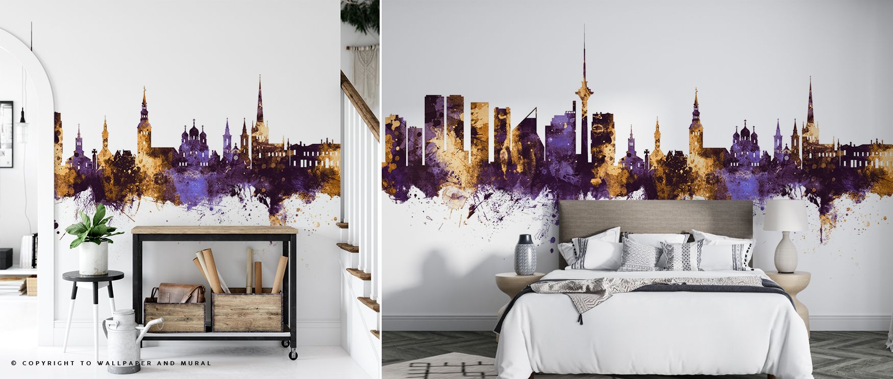 Tallinn Estonia Skyline Purple & Gold Wallpaper embodies sophistication where silhouettes radiate luminous elegance in regal presence. Its imagery enriches bedrooms or lounges with refinement. Surfaces glow with artistry, shaping poetic retreats enriched 