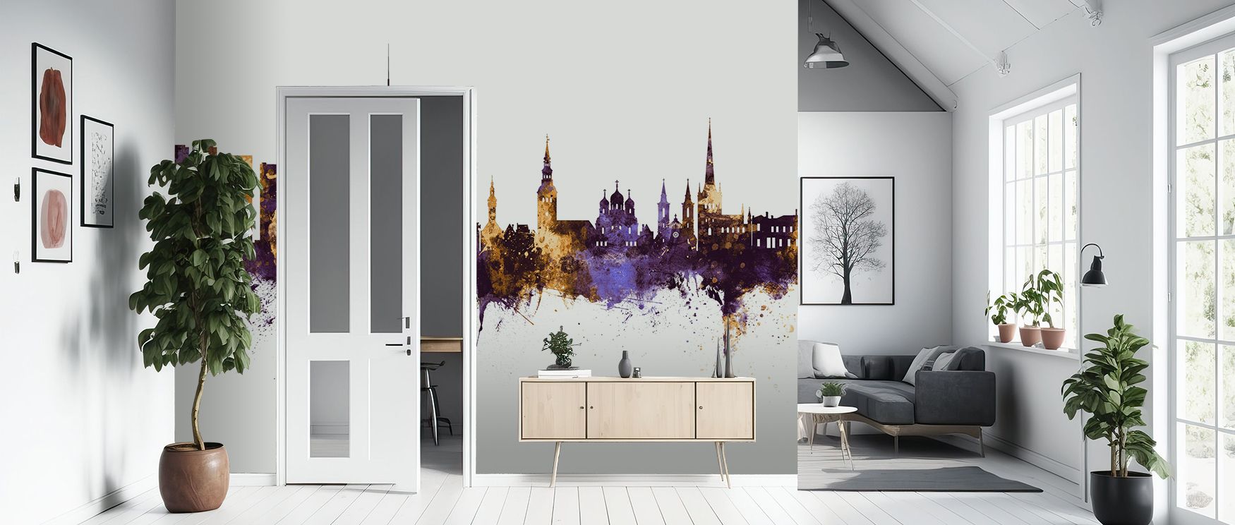 Across Tallinn Estonia Skyline Purple & Gold Wallpaper, architectural lines stretch luminous against purple horizons. Interiors glow with refinement, enriching lounges with poise. Walls glow with artistry, shaping poetic retreats enriched by resonance whe