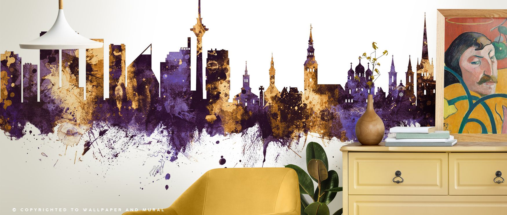 Tallinn Estonia Skyline Purple & Gold Wallpaper thrives on imagery of sophistication where rooftops radiate luminous across tonal depth. Its design enriches bedrooms or dining rooms with elegance. Walls glow with artistry, shaping retreats enriched by res