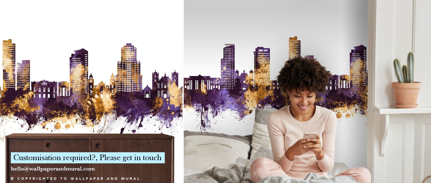 Tegucigalpa Honduras Skyline Purple & Gold Wallpaper glows with city silhouettes dressed in regal tones, blending richness of gold with depth of purple, ideal for bedrooms or lounge walls that thrive on atmosphere filled with luxurious artistry. 
