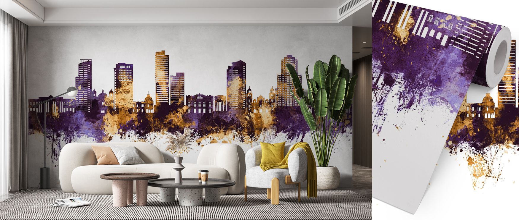 Shimmering edges of Tegucigalpa Honduras Skyline Purple & Gold Wallpaper illuminate spaces, merging iconic structures with golden artistry, creating luminous atmosphere perfect for dining rooms or bedrooms where elegance reigns across every detail. 