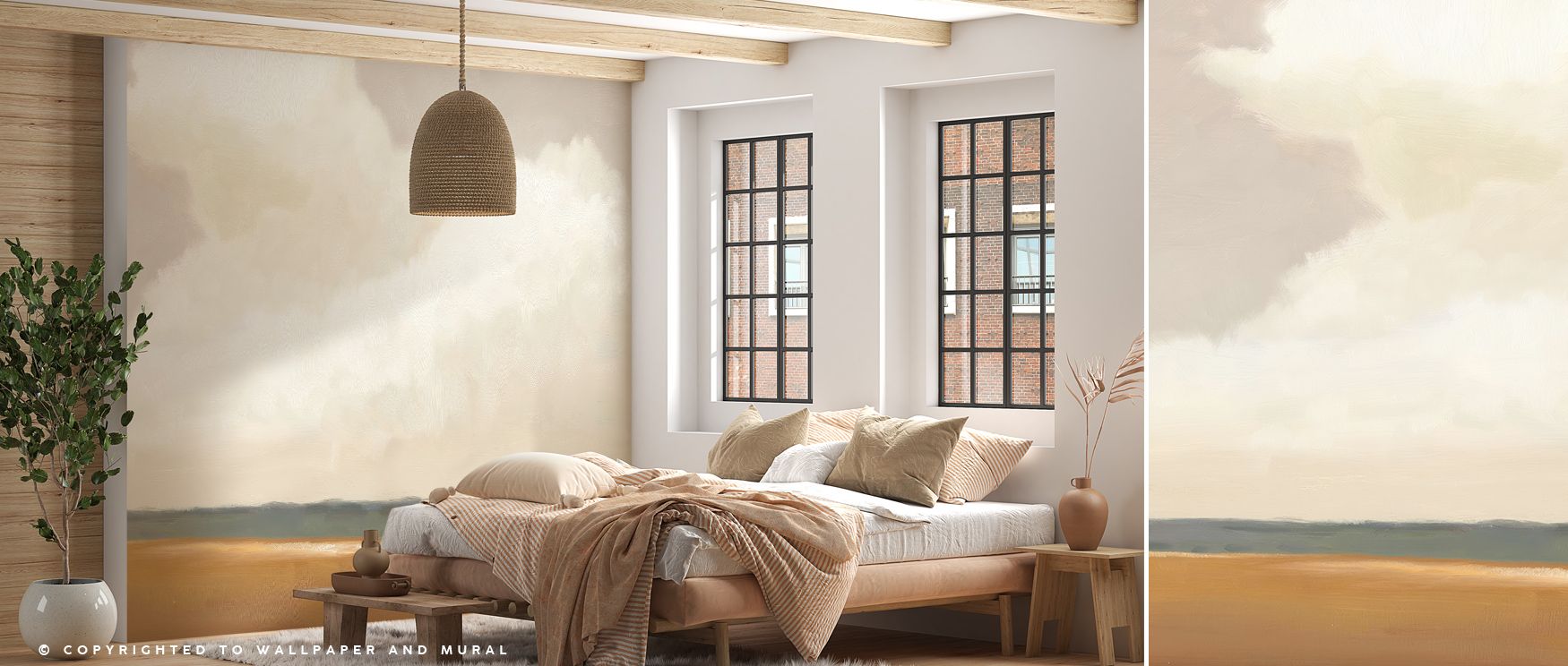 Terracotta Prairie Summer Wallpaper captures essence of rustic summer charm, its earthy palette breathing life into interiors like living rooms or corridors, transforming spaces with atmosphere filled with organic beauty and natural serenity. 