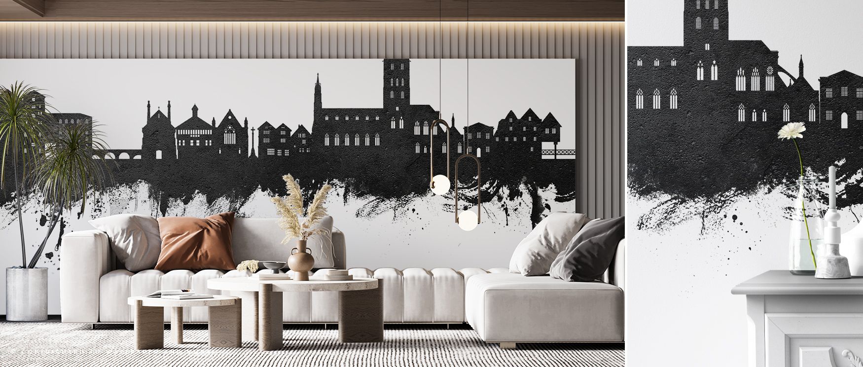 Shadows and light interlace with balance, producing design that feels powerful yet calm. Tewkesbury England Skyline Black & White Wallpaper enhances bedrooms or dining spaces, its minimal approach adding clarity and harmony. Every building becomes a mark 